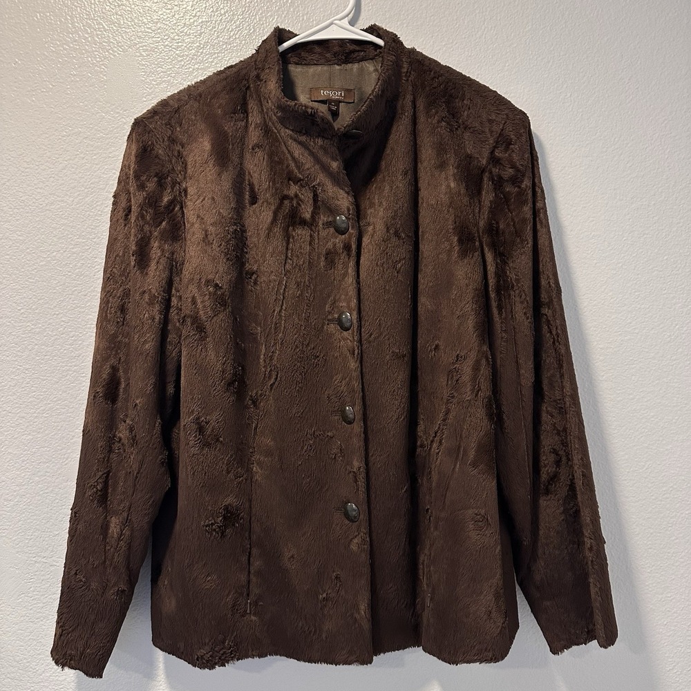Tesori By Tahari Size-1X Women's Brown Jacket Cotton‎ Faux Fur Pocket